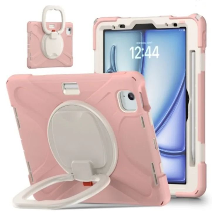 iPad Air 4 & Pro 11 2022 Shockproof Case - Silicone Hybrid with Pencil Holder & Rotating Stand | Rose